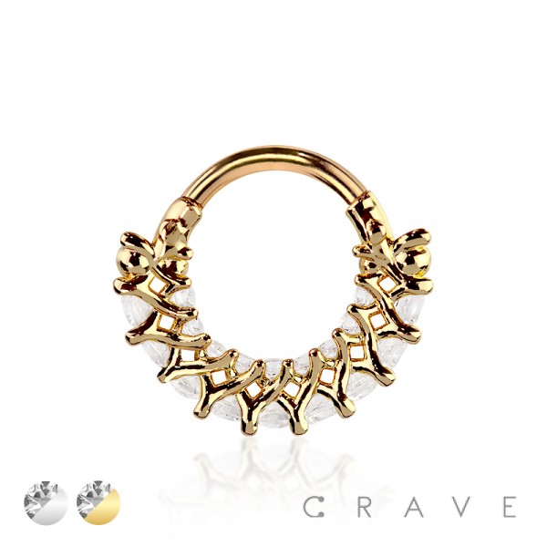 316L SURGICAL STEEL MULTI CZ LINE ARCH BEAD SEPTUM HINGED SEGMENT HOOP RING